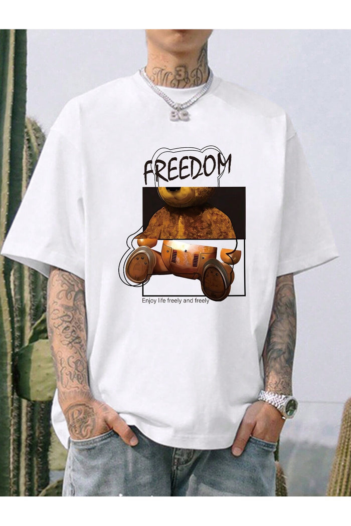Unisex Beyaz Baskılı Organik Pamuk Oversize Kesim T-shirt