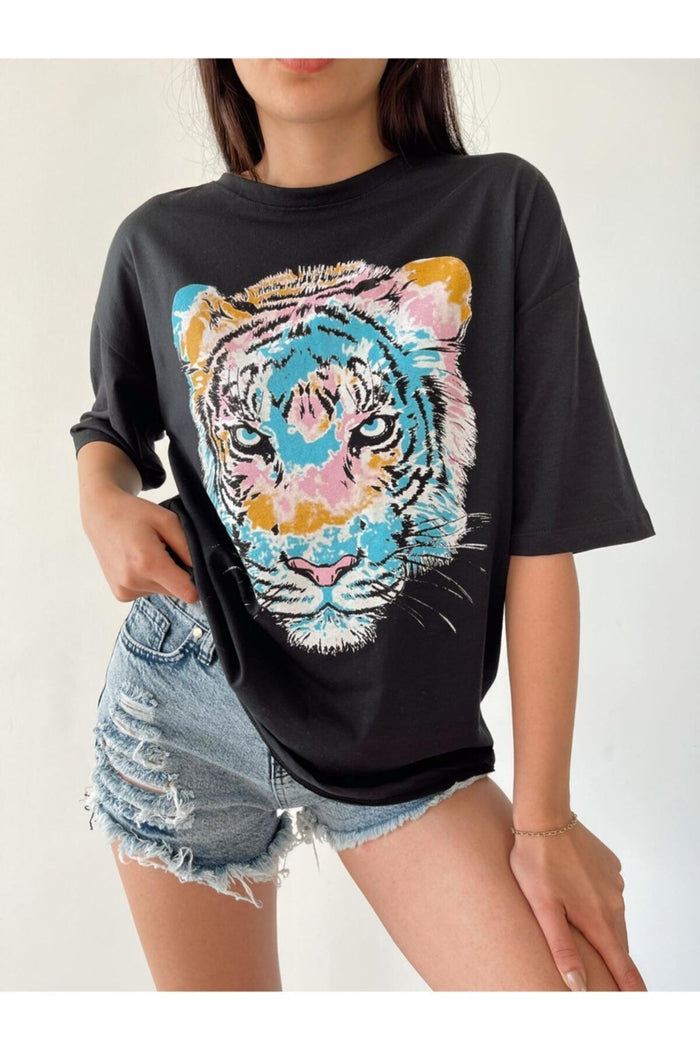 Siyah Baskılı Oversize T-shirt