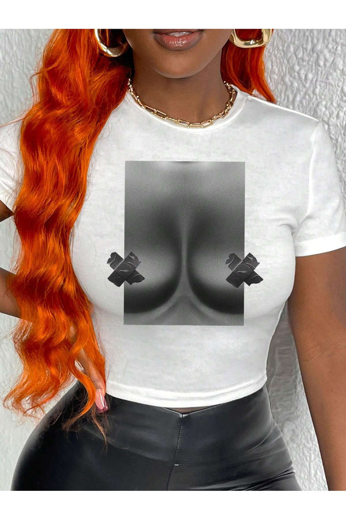 Kadın Beyaz Baskılı Kısa Kollu Crop Bluz