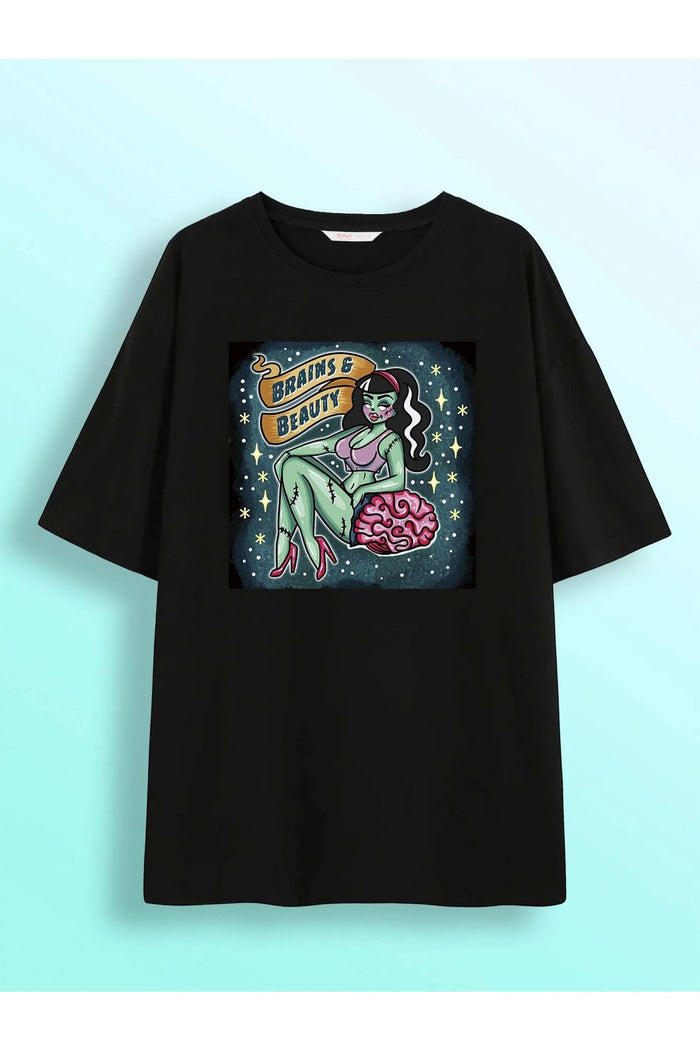 UNISEX SİYAH BASKILI OVERSIZE KESİM KISA KOLLU T-SHIRT
