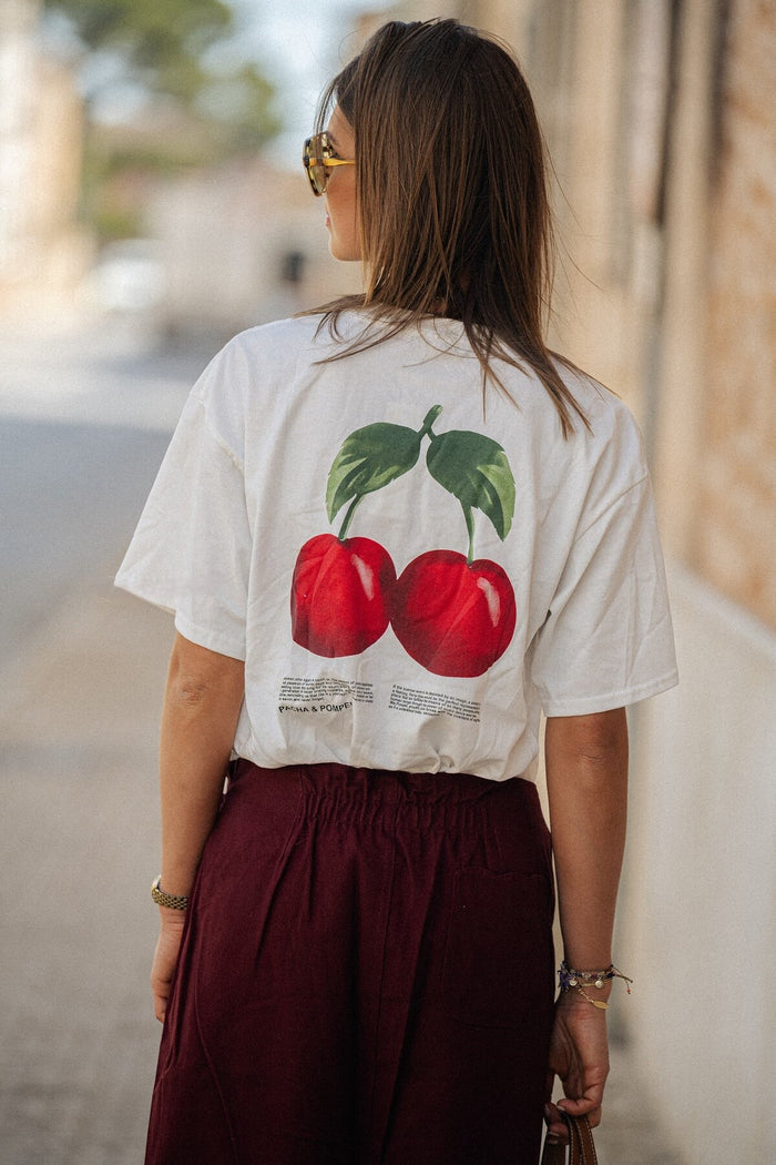 Amalfi Serisi Beyaz Baskılı Kısa Kollu Organik Pamuk Oversize Tshirt