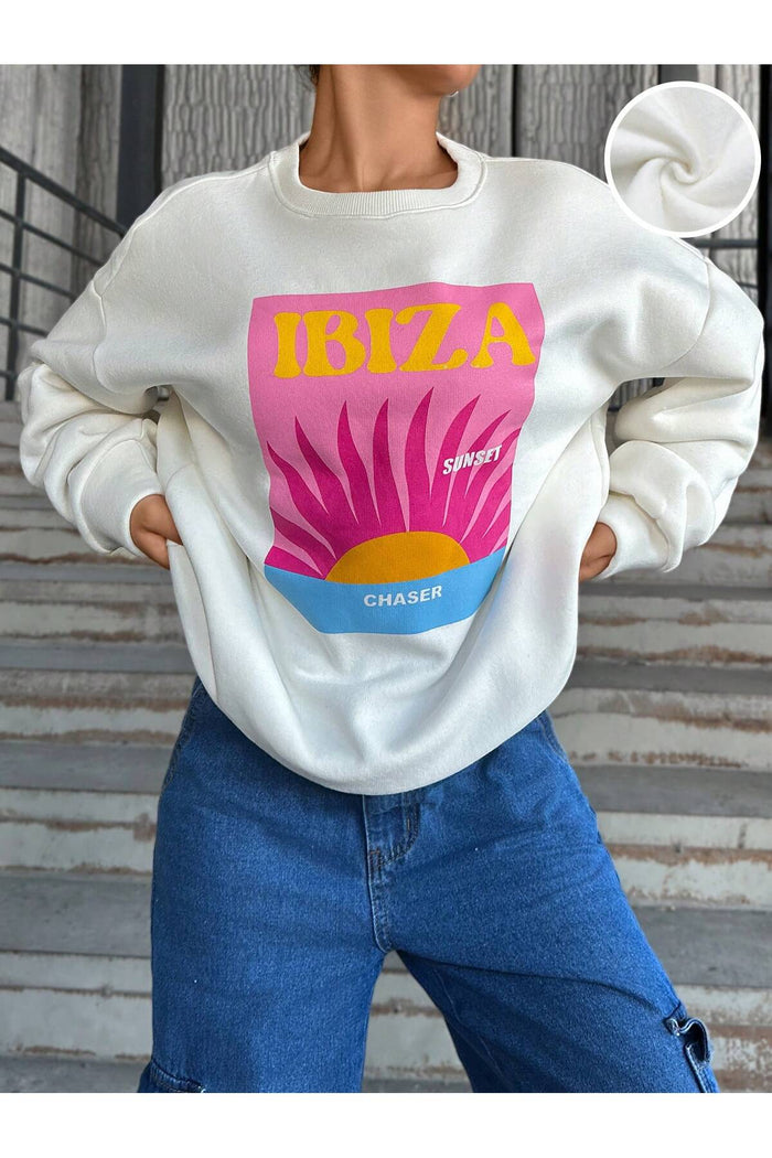 Oversize Kesim Cartoon Baskılı Uzun Kollu Şardonlu Sweatshirt