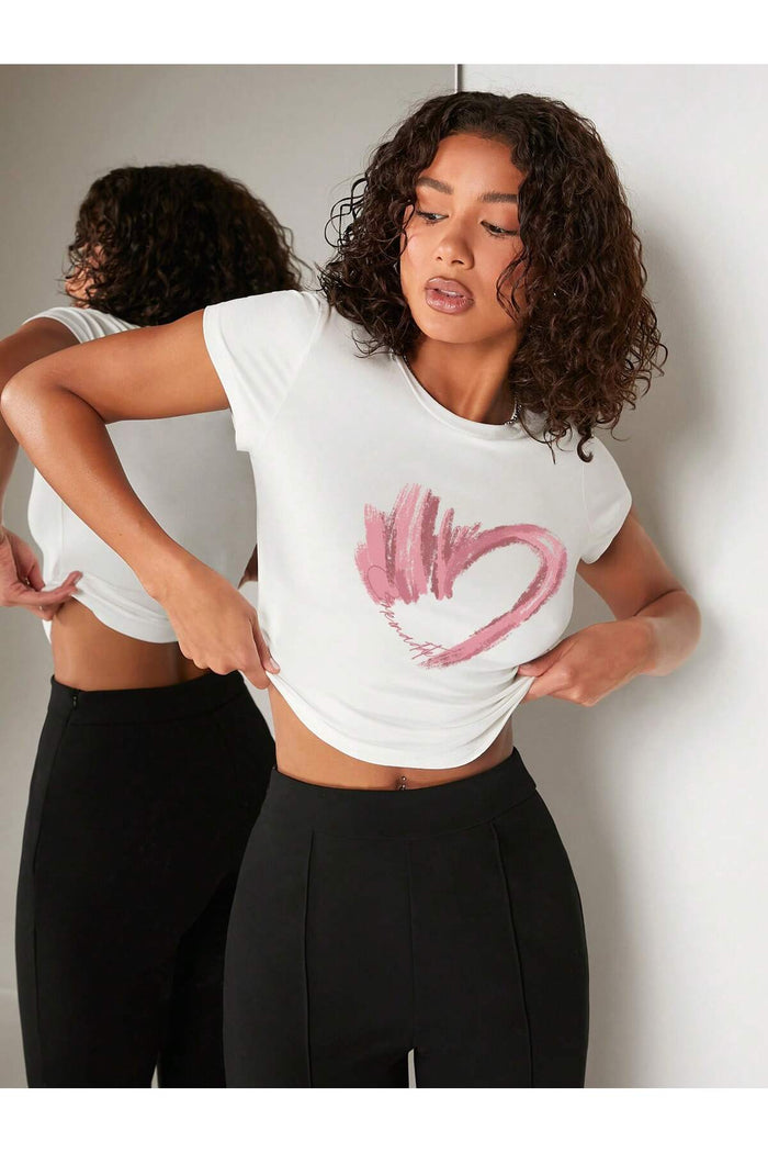 Kadın Beyaz Baskılı Kısa Kollu Crop Bluz