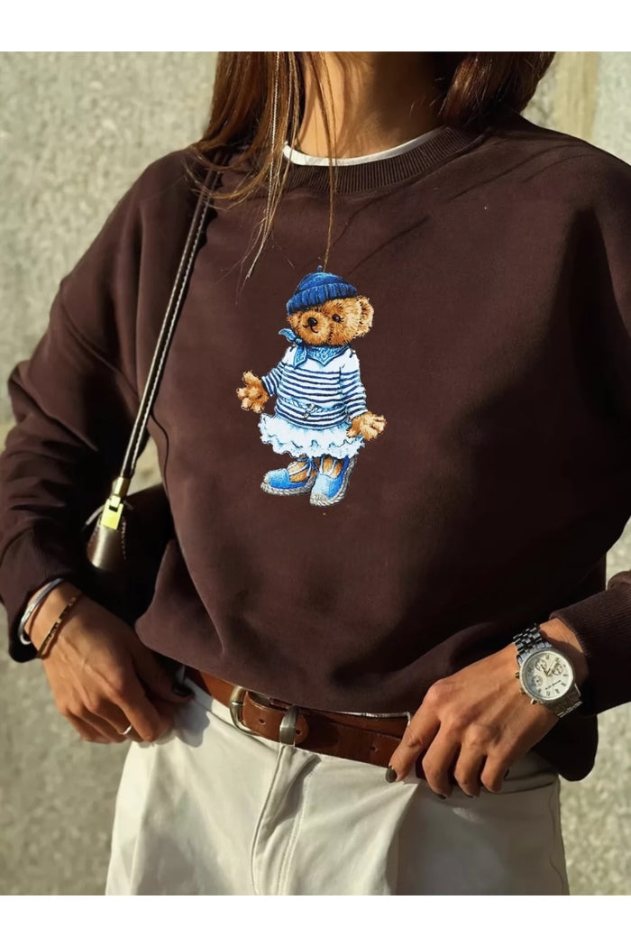 Bear Baskılı Üç İplik Şardonlu Sweatshirt