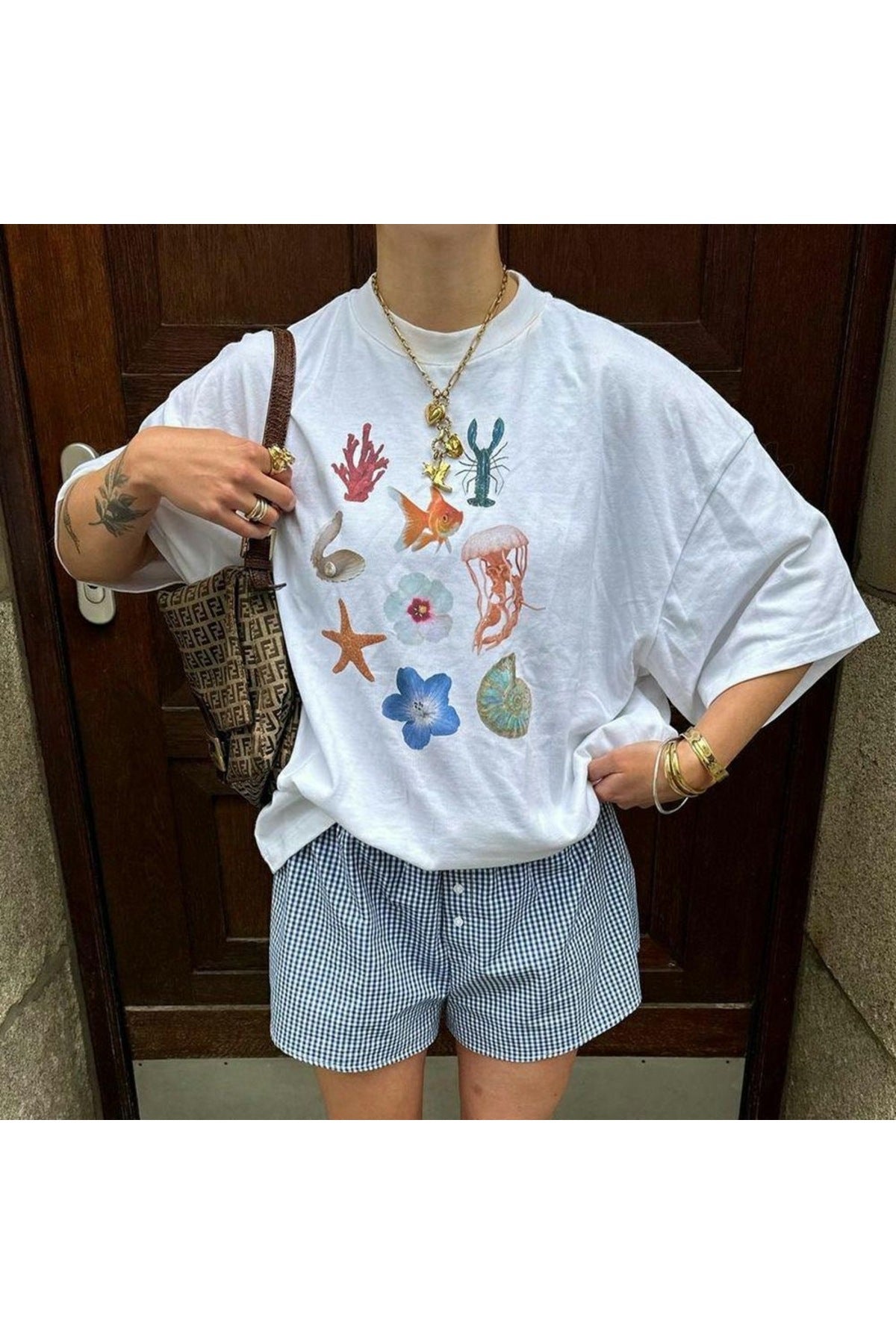 Amalfi Serisi Beyaz Organik Pamuk Oversize Kesim Kısa Kollu T-shirt