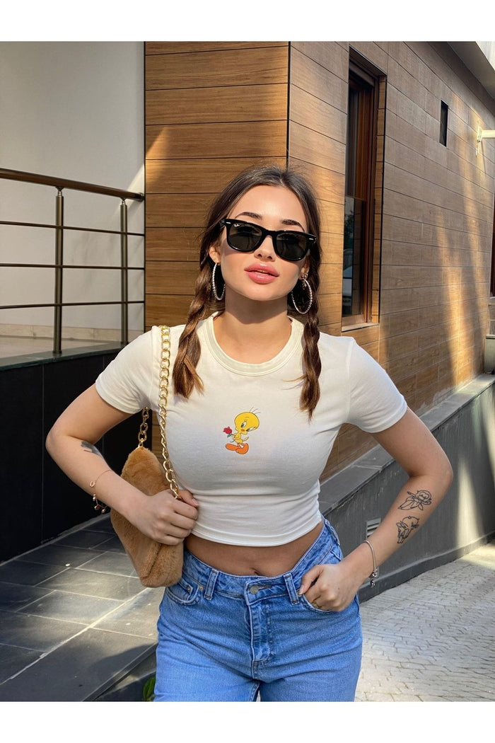 Kadın Baskılı Crop Top Bluz