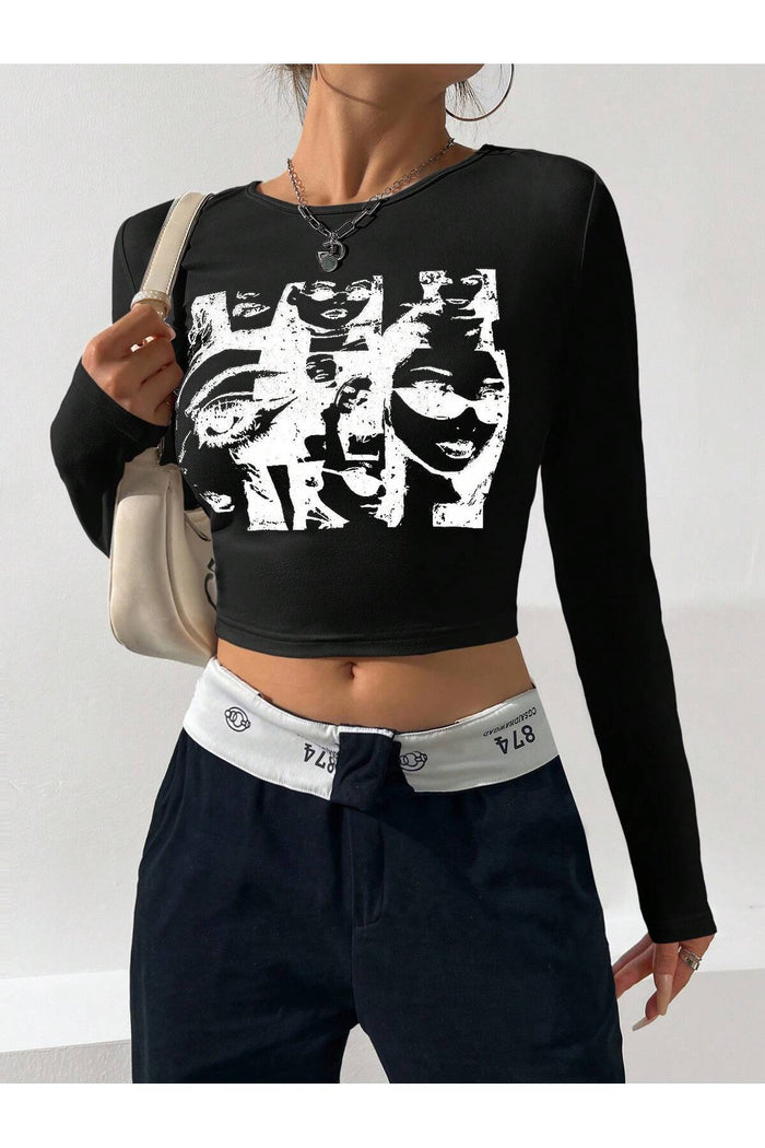 Kadın Siyah Baskılı Bisiklet Yaka Y2K Stili Vücuda Oturan Organik Pamuk Fitilli Uzun Kollu Crop Bluz