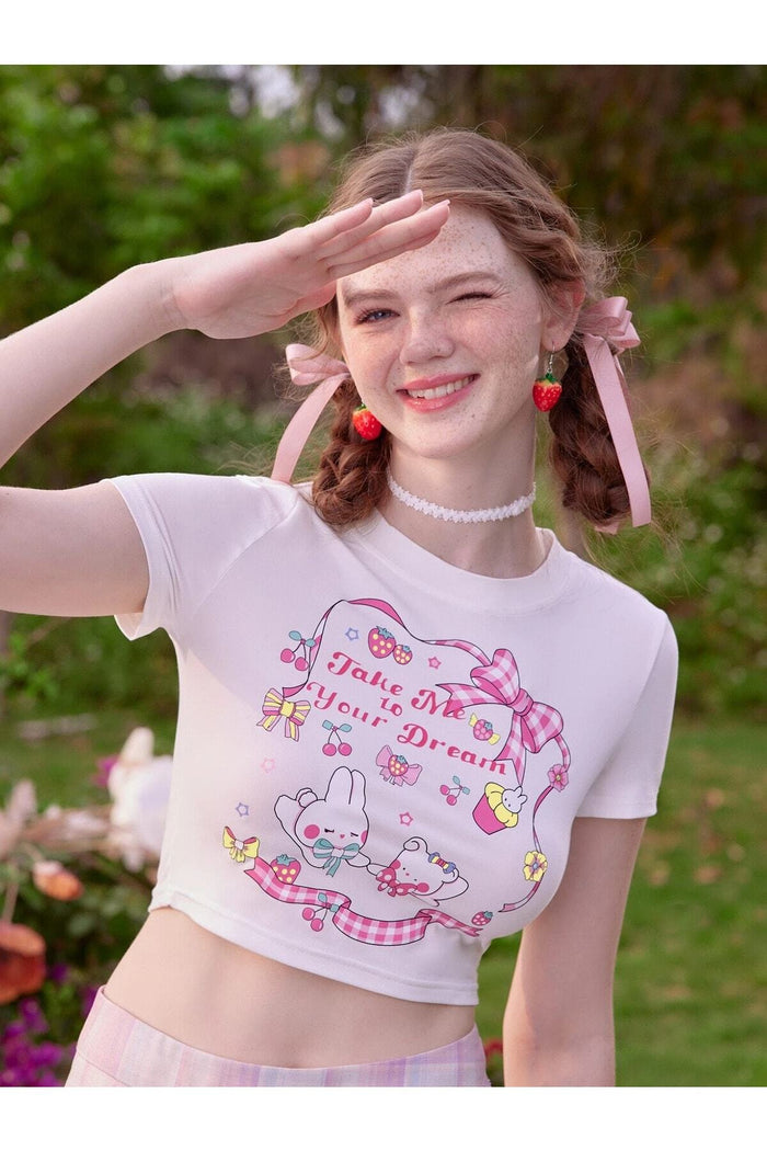 Kadın Beyaz Baskılı Kısa Kollu Vücuda Oturan Crop Top