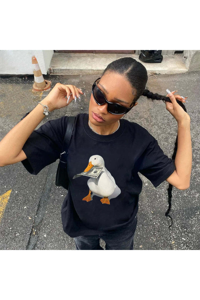 Unisex Streetwear Serisi Siyah Baskılı Bisiklet Yaka Oversize Kesim T-shirt