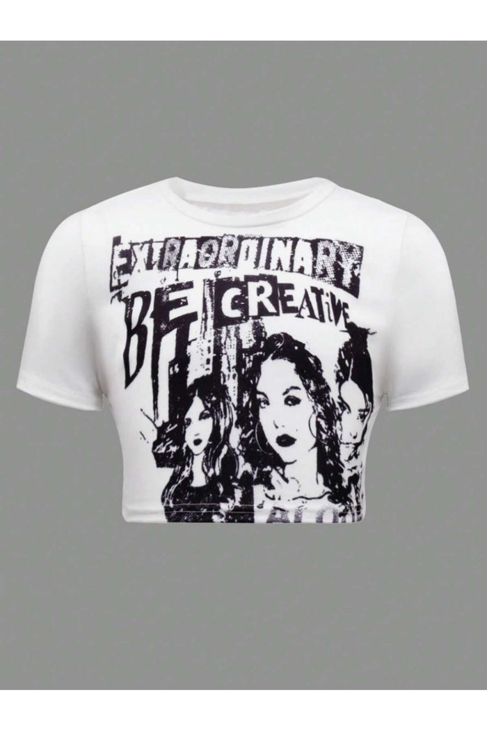 Kadın Beyaz Baskılı Kısa Kollu Crop Bluz