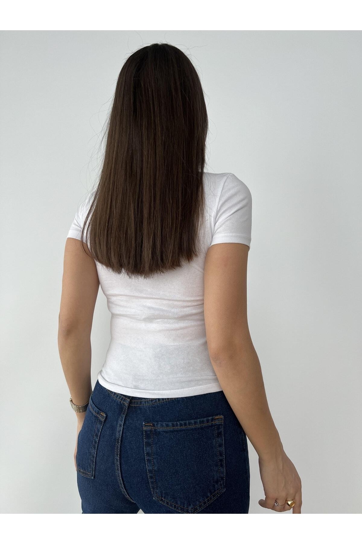 Kadın Colorado Baskılı Bisiklet Yaka Kısa Kollu Beyaz Crop Fit T-shirt