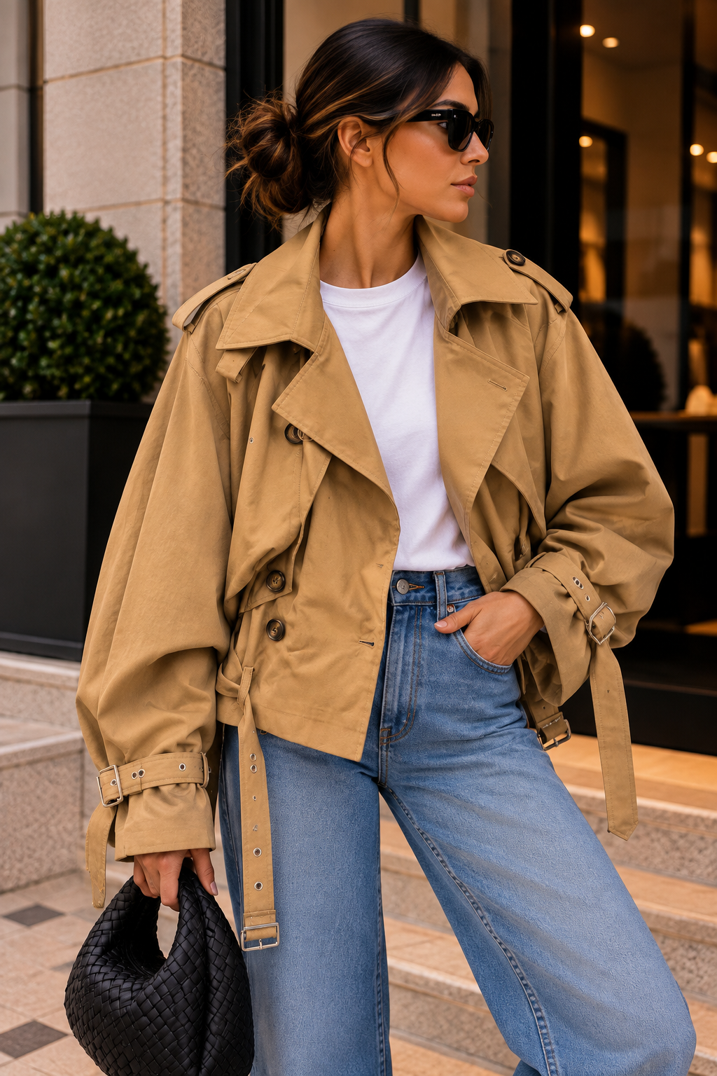 Camel Kemer Detaylı Oversize Kısa Trençkot