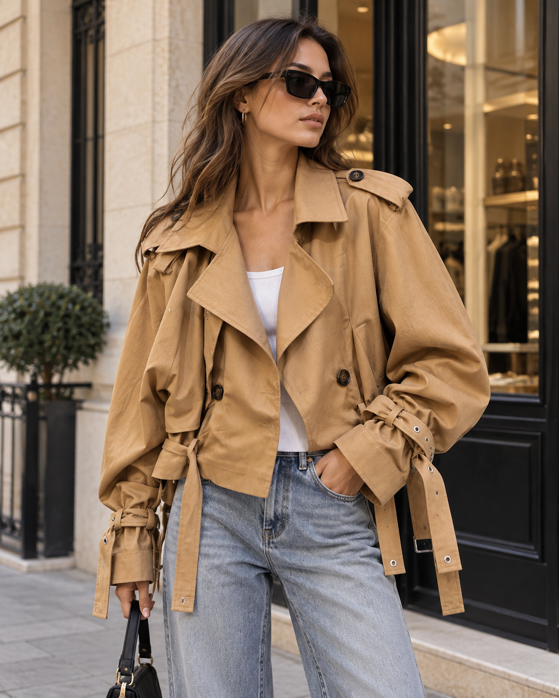 Camel Kemer Detaylı Oversize Kısa Trençkot