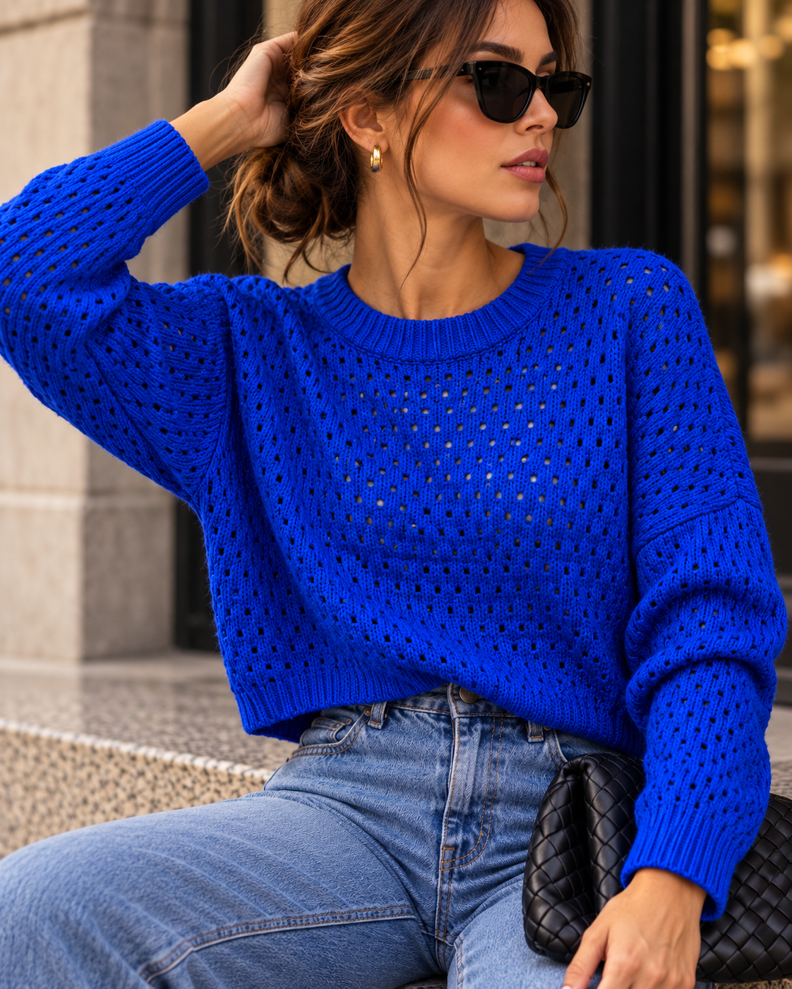 Saks Mavi Ajurlu Örgü Detaylı Oversize Triko Kazak