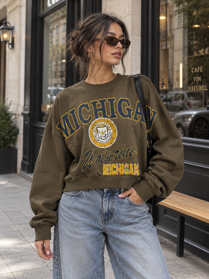 Haki Michigan Baskılı Crop Sweatshirt