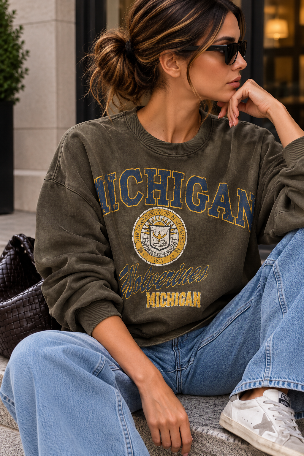 Haki Michigan Baskılı Crop Sweatshirt