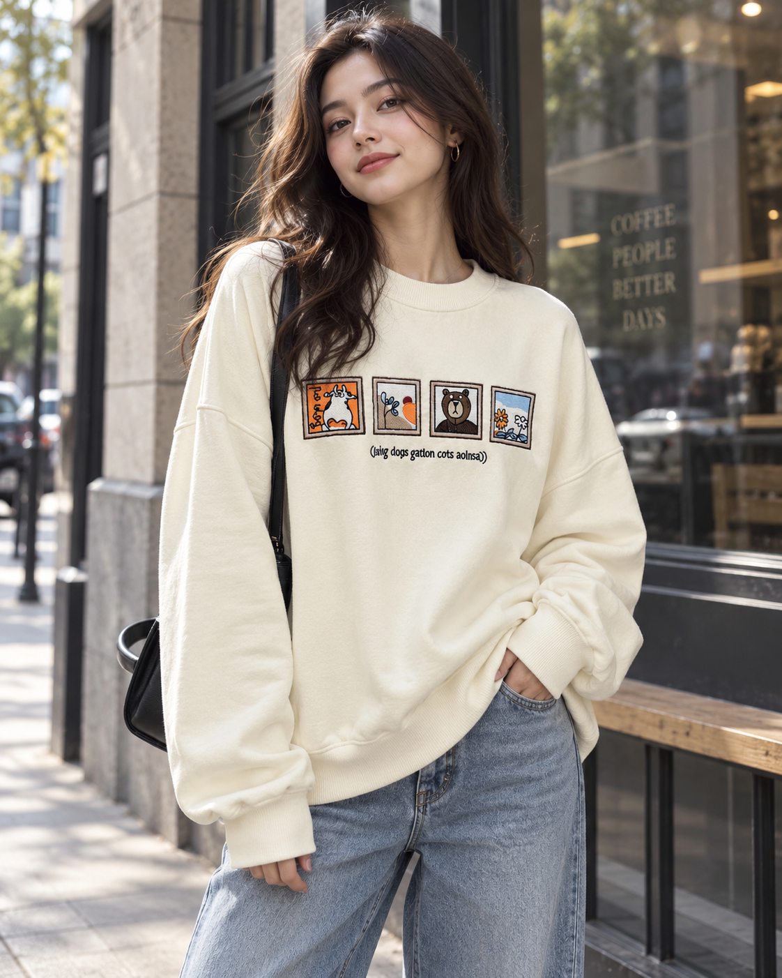 Ekru İllüstrasyon Baskılı Oversize Sweatshirt