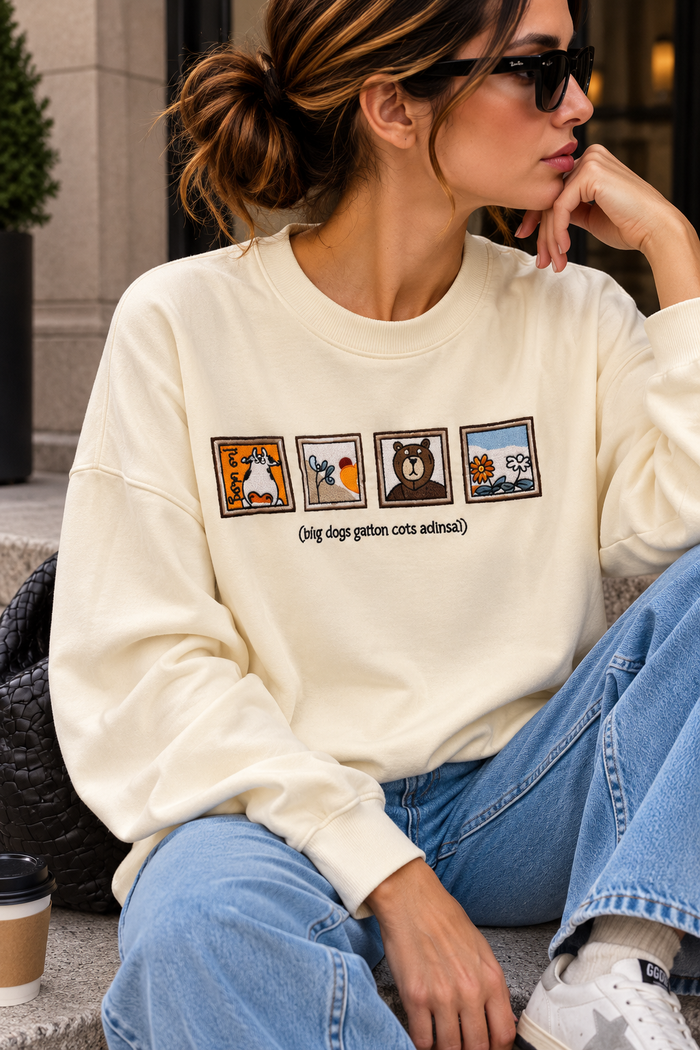 Ekru İllüstrasyon Baskılı Oversize Sweatshirt