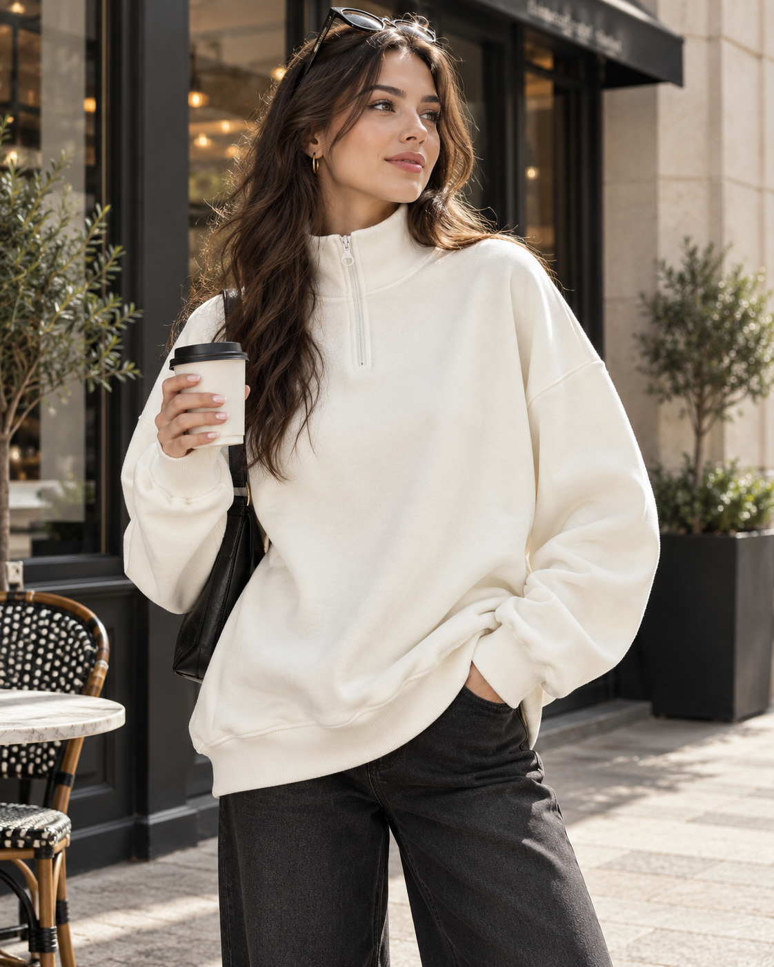 Ekru Dik Yaka Fermuarlı Oversize Sweatshirt