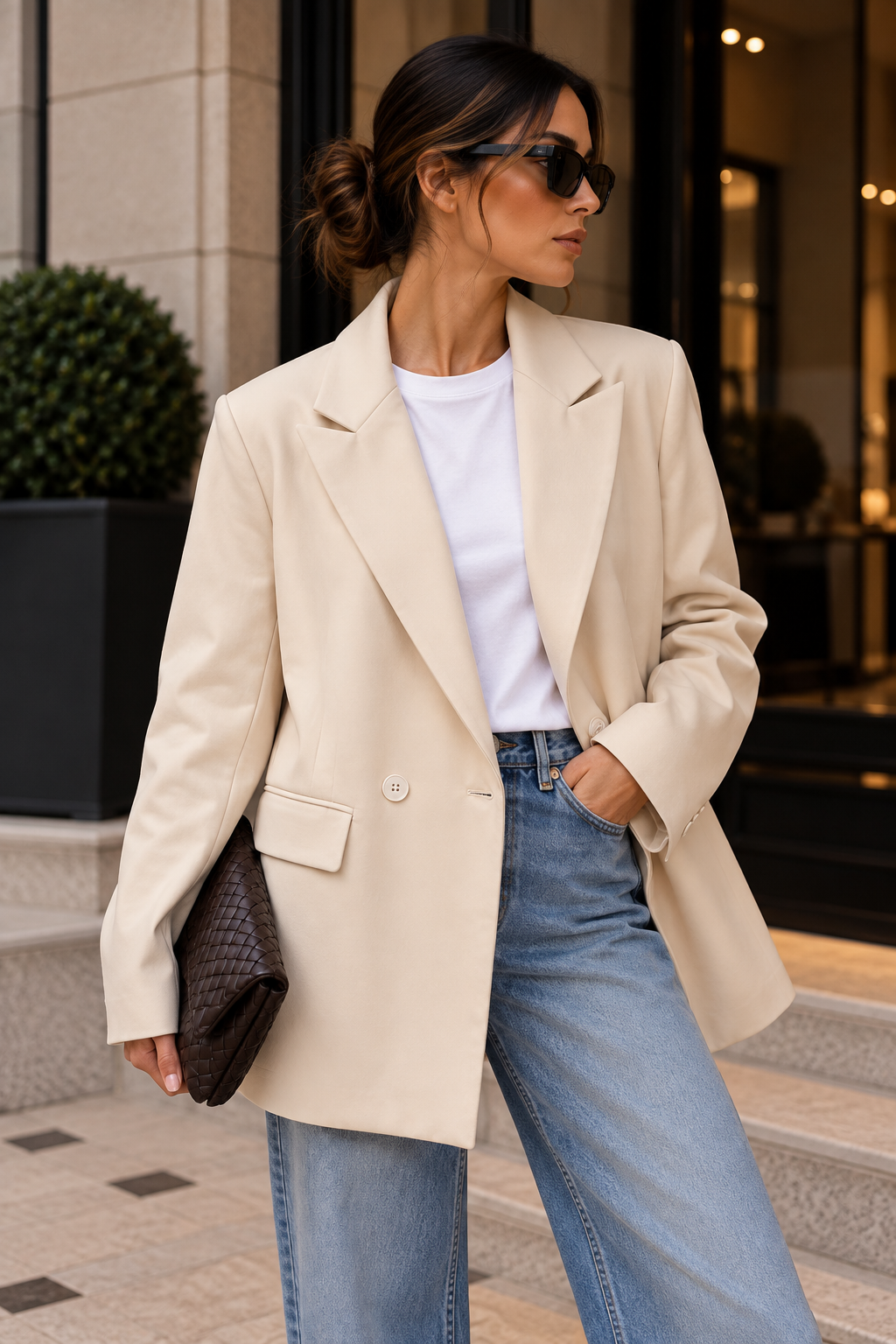 Krem Kruvaze Düğmeli Oversize Blazer Ceket