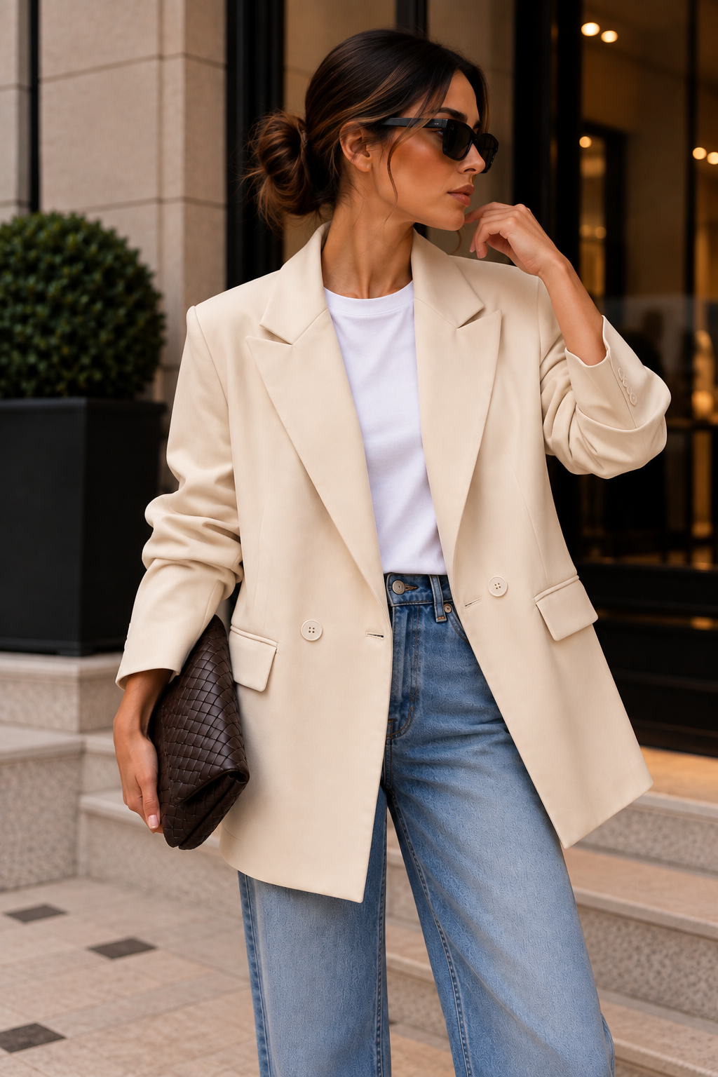 Krem Kruvaze Düğmeli Oversize Blazer Ceket