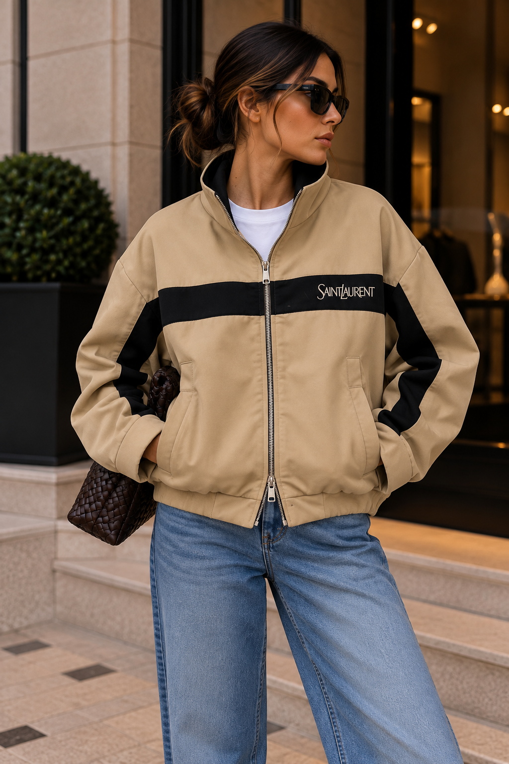 Bej Siyah Renk Bloklu Fermuarlı Oversize Mont & Ceket
