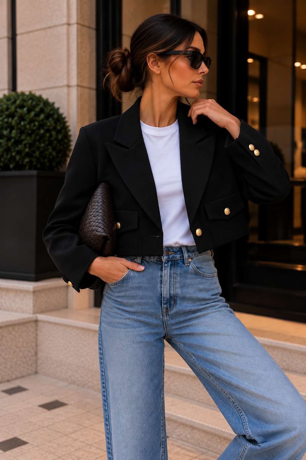Siyah Altın Düğme Detaylı Kısa Crop Blazer Ceket