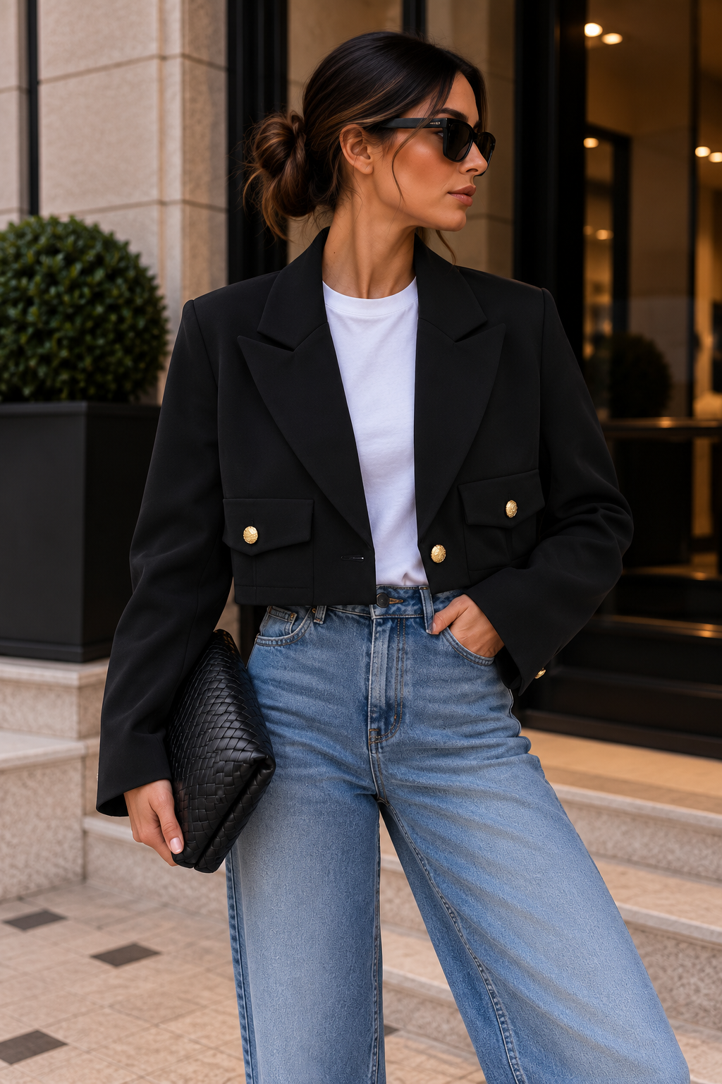Siyah Altın Düğme Detaylı Kısa Crop Blazer Ceket