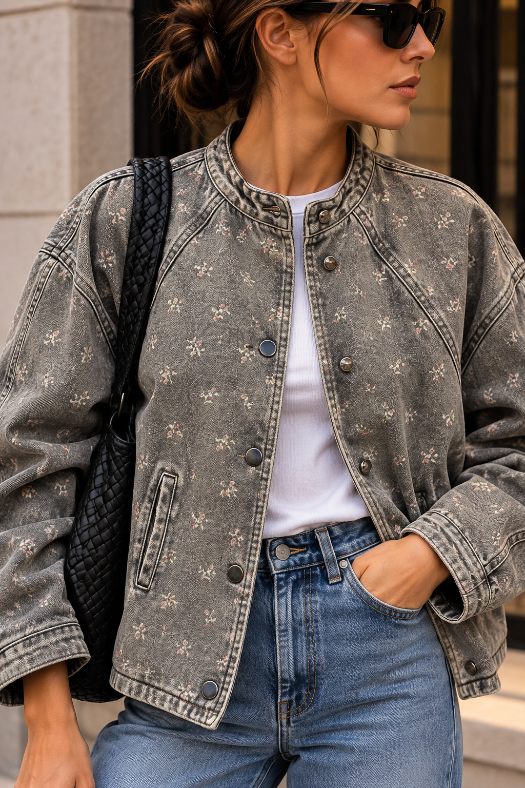 Gri Çiçek Desenli Çıtçıtlı Oversize Denim Ceket