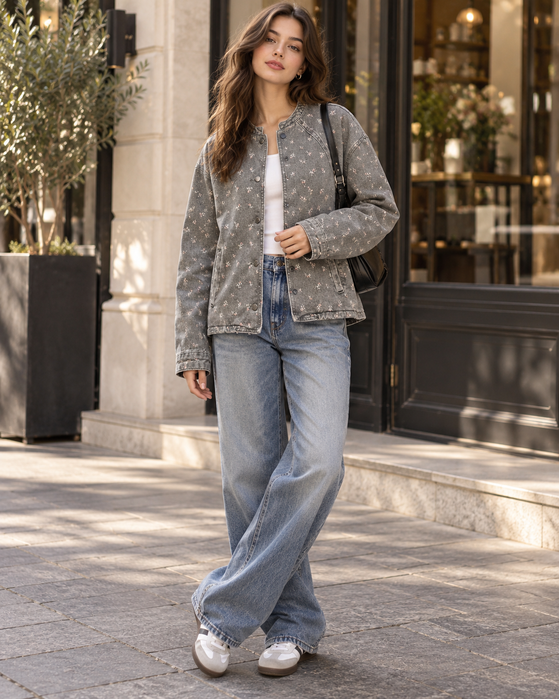 Gri Çiçek Desenli Çıtçıtlı Oversize Denim Ceket