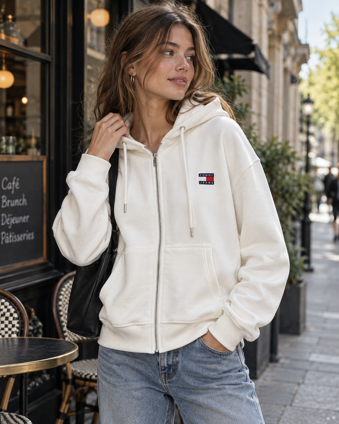 Ekru Fermuarlı Kapşonlu Sweatshirt
