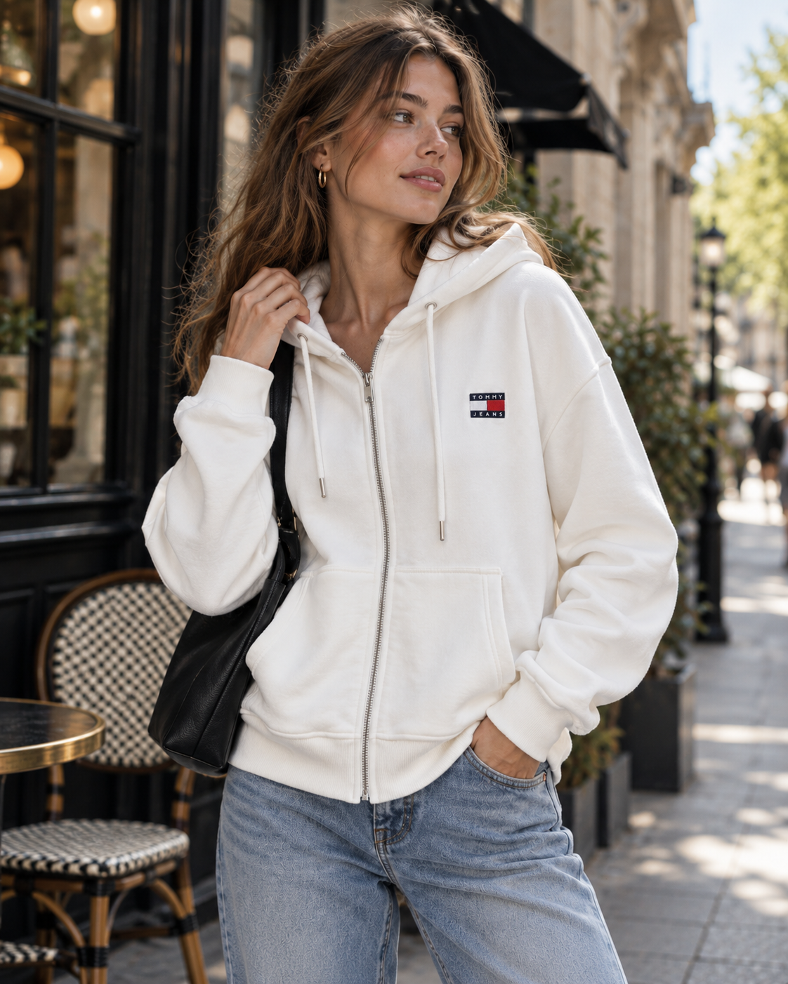 Ekru Fermuarlı Kapşonlu Sweatshirt